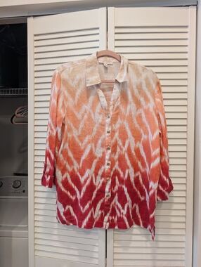 JM Collection Women's Ombre Orange-Red Button-Up Shirt 100% Linen
